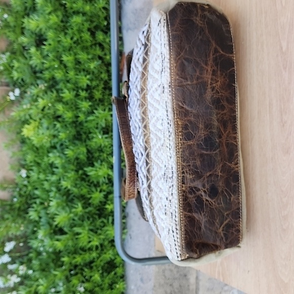 Myra Leather Canvas Woven Khaki Green Brown Boho Tapestry Shoulder Tote Bag. - Picture 5 of 12